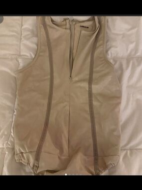 Maniere De Voir Beige Sleeveless Zip-Front Bodysuit
